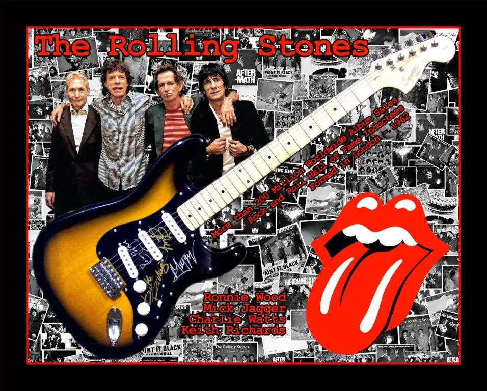 The Rolling Stones - Signed Fender electric guitar, box framed on a custom matboard