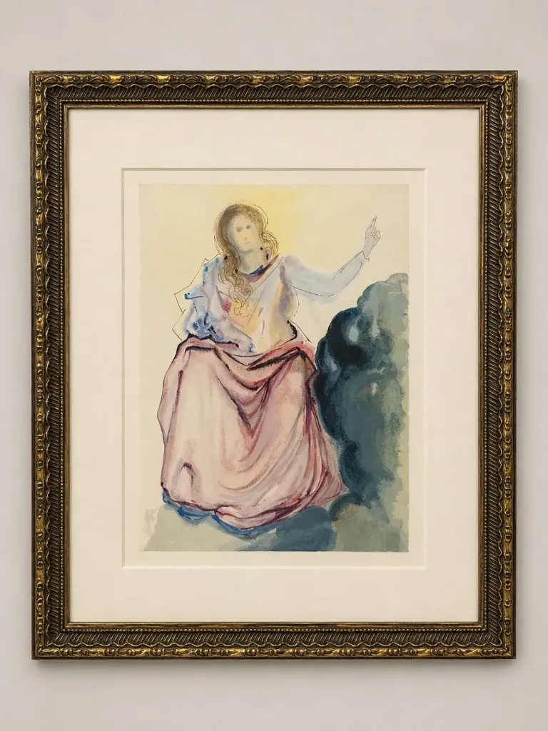 Salvador Dalí “Béatrice efface les doutes de Dante” Original 1960 Woodcut Print – Les Heures Claires (Framed with COA)